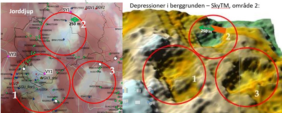 Figure 2. The use of electromagnetic Sky-TM measurements from helicopter for finding ground water pounds. The area nº 2 is the area shown in figure 1 and shows a so-called depression in the rock that most probably is filled mainly with sand and therefore should be a good area for underground storage of water.